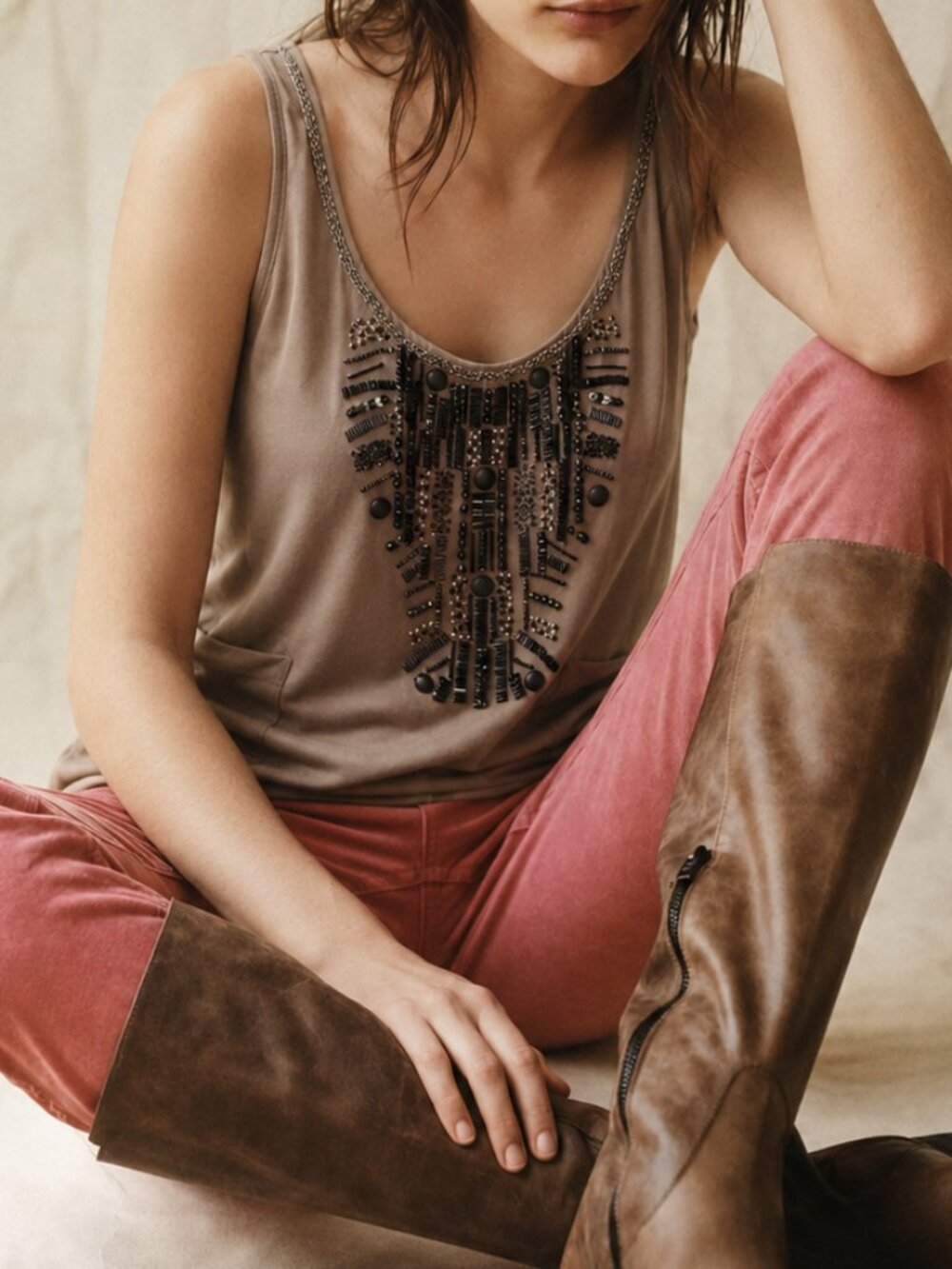 Silk Georgette Tank with Beading Detail (0977)